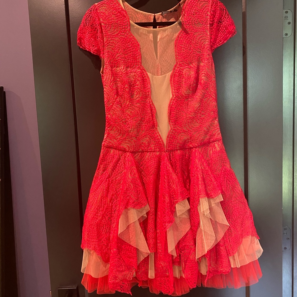 BCBGMaxAzria Hot Pink Lace Party Dress with Tulle Insets
